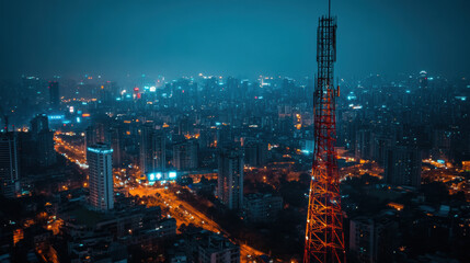Obraz premium stunning view of city skyline at night, featuring prominent telecommunication tower illuminated against backdrop of glowing buildings and bustling streets. vibrant lights create captivating urban