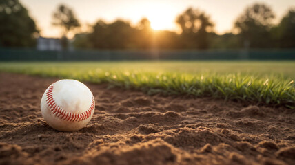 A Baseball or Softball on the Ground in a Baseball Field with Dirt and Grass, Horizontal Landscape