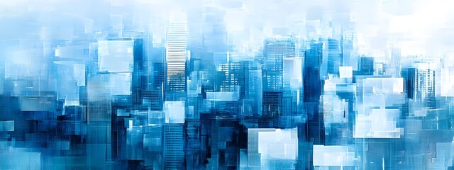 A cityscape of New York made up entirely from blue abstract shapes, with skyscrapers and buildings of various heights, all in shades of light to dark blue