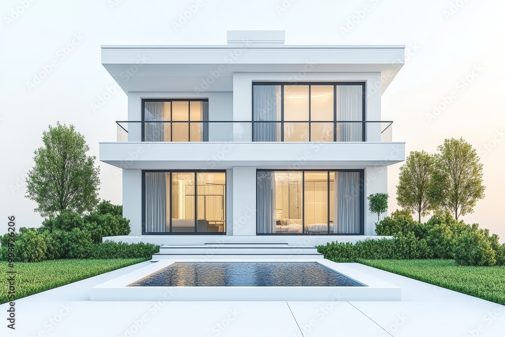 Poster modern suburban home with large windows symmetrical architecture and landscaped front yard presentin