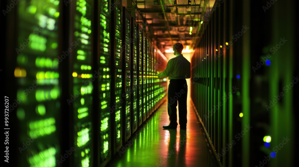 Poster image depicts person standing in data center surrounded by rows of servers, illuminated by green lig