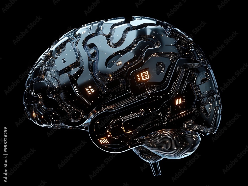 Poster futuristic brain with digital circuits, advanced neural networks, and sleek metallic components, rep