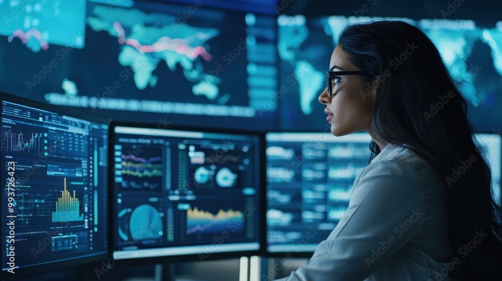 Poster a woman analyzes data on multiple screens in a high-tech environment.