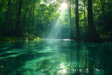 Obraz premium A bright and peaceful view of a lush forest with a crystal clear stream that reveals the rocks beneath. Sunlight filters through tall trees. No people. A natural scene suitable for ecotourism.