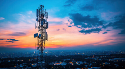 stunning telecommunications tower stands tall against vibrant sunset, showcasing robust infrastructure of modern connectivity. colorful sky enhances scene, reflecting importance of technology in