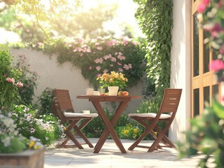 Obraz premium Garden furniture set with a small table and chairs, creating a perfect outdoor dining spot among flowers and plants