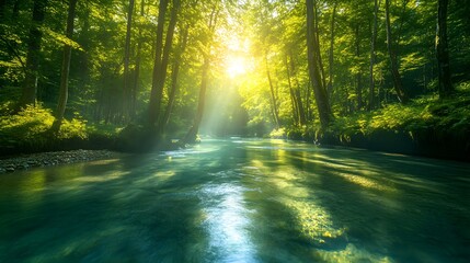 Obraz premium A bright and peaceful view of a lush forest with a crystal clear stream that reveals the rocks beneath. Sunlight filters through tall trees. No people. A natural scene suitable for ecotourism.