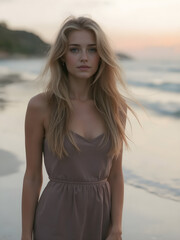 Una bella mujer de pelo rubio cenizo, junto a un hermoso mar