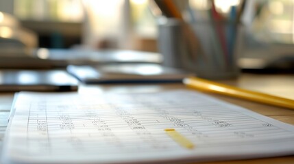 Accountant reviewing financial statement with pencil highlighting important number on balance sheet in office