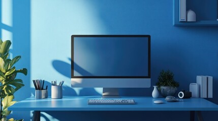 Illustration of Modern office space with large desk and computer monitor. blue background. Ai generated image