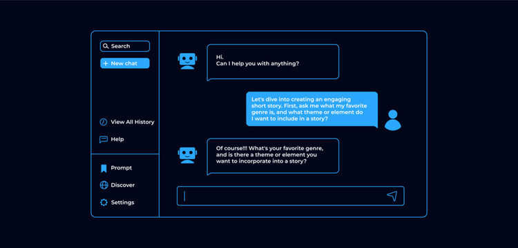 Chatting with artificial intelligence. Chat bot user interface in blue dark style with messages.