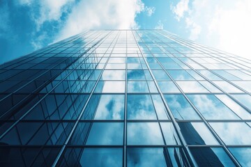 Glass building with reflective windows, mirroring the sky and surroundings, creating a futuristic urban aesthetic
