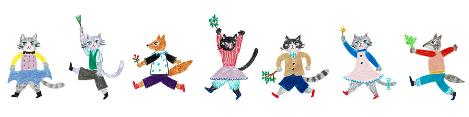 手描きイラスト　動物たちの行進