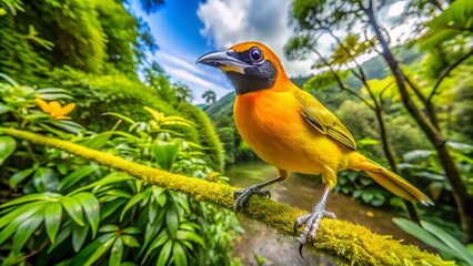 Vibrant Yellow Tropical Bird Perched on a Branch Against a Lush Green Background in Nature