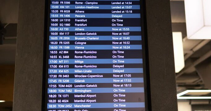 Airport departures information on digital display for passengers on concrete wall. Info board screen with arrivals data for customers comfort in hall