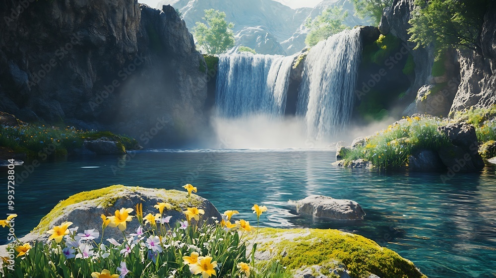 Poster a cascading waterfall flows into a pristine lake surrounded by lush vegetation.