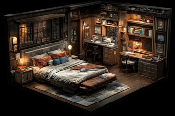 Fototapeta premium Cozy rustic bedroom with wooden walls a built in bookshelf and warm lighting creating an intimate vintage style space in a traditional country inspired design