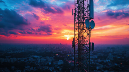 stunning sunset view over city skyline, featuring telecommunications tower silhouetted against vibrant clouds. scene captures beauty of urban life and technology