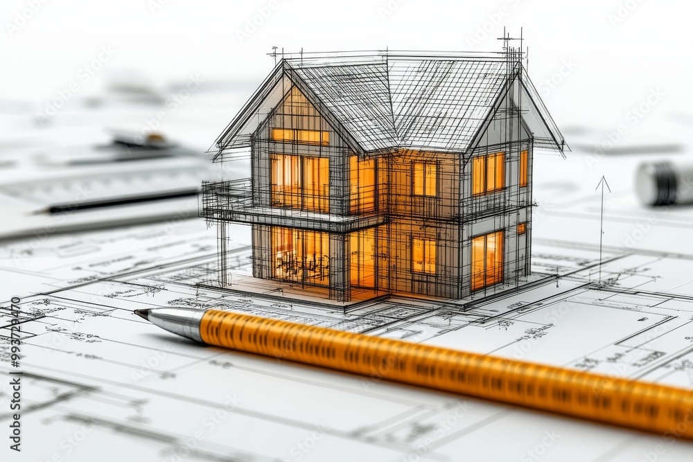 Poster wireframe architectural model of a modern two story house with large windows detailed structural com