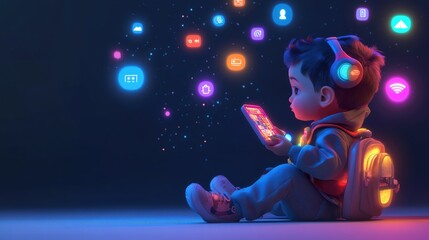 Fototapeta premium toddler with tech symbols flat design side view virtual theme 3D render vivid