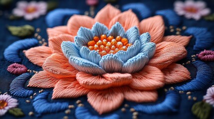 Lotus is symbol of Hinduism and Buddhism. Embroidery close up, abstract Diwali background