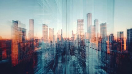 Fototapeta premium Glass reflection of a city skyline, the clear glass distorting the buildings in an artistic way