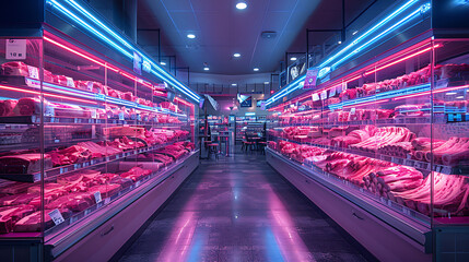 Meat aisle with various cuts displayed in a refrigerated grocery section. close-up of a meat fridge in a grocery store filled with various cuts of fresh meat various cuts of beef, pork and other meats