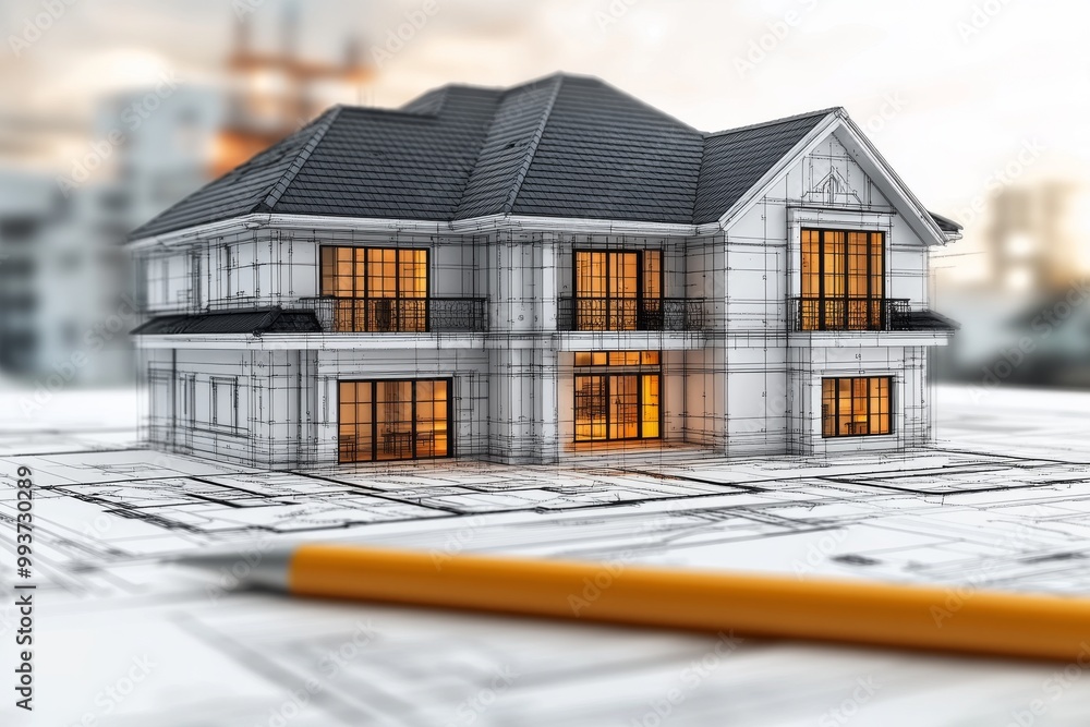 Poster Detailed wireframe model of a large two story classical house with front porch multiple windows and a sloping roof overlaying architectural blueprints for precision in design