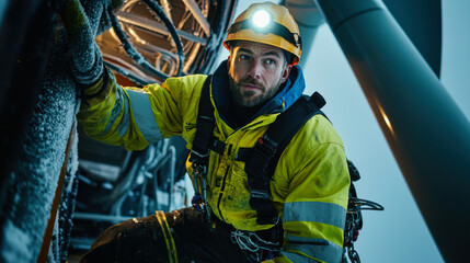 Fototapeta premium maintenance worker in yellow jacket and helmet climbs offshore wind turbine in snowy conditions, showcasing determination and focus