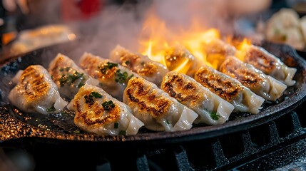 Sizzling Japanese Gyoza Dumplings in Cast Iron Pan with Rising Steam