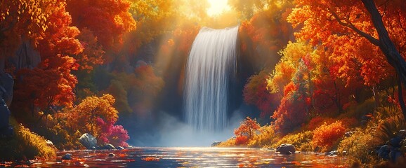 Majestic waterfall cascading through vibrant autumn foliage.