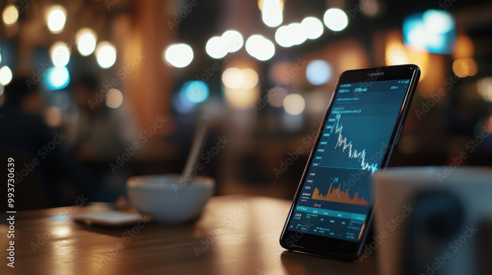 Poster smartphone showing stock market data while trader is taking a break in a coffee shop
