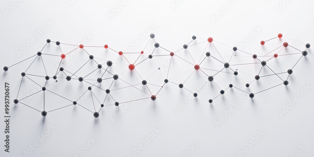 Poster graph theory diagram showing network connections, minimalist design with clean lines and labeled nod