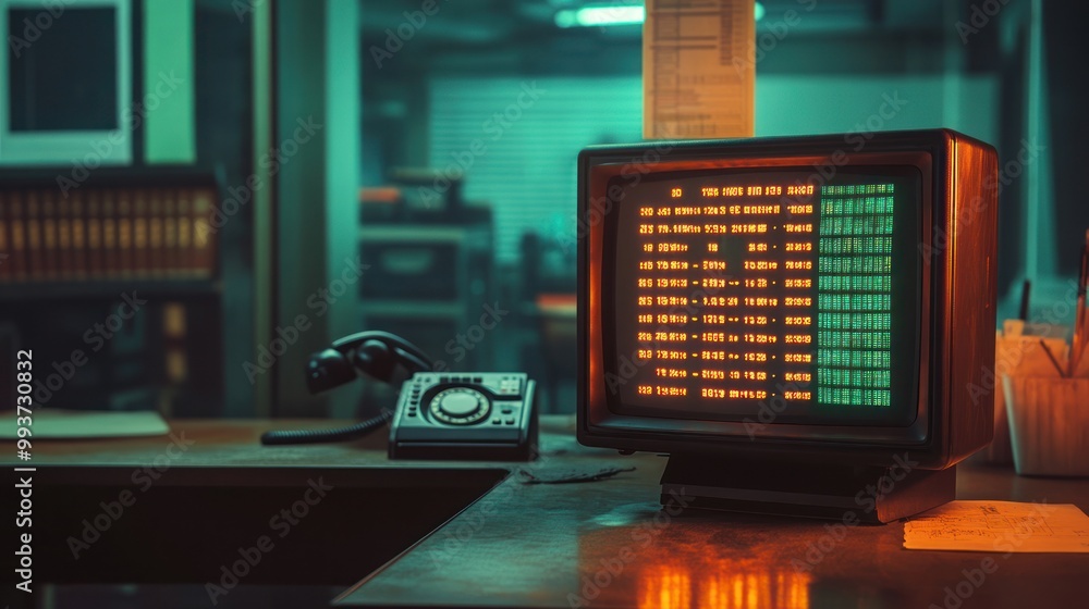 Poster a vintage workspace featuring an old computer monitor displaying text and a rotary phone.