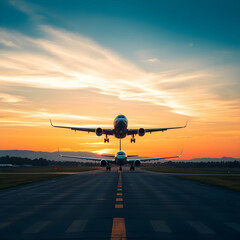 A plane is taking off from the runway at sunset