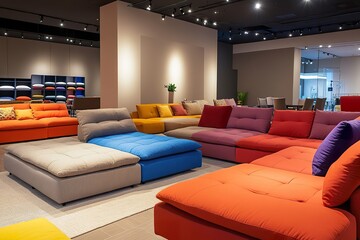 Trendy sectional sofas and armchairs in contrasting colors, positioned under elegant ceiling lights, showcasing a perfect blend of comfort and style.