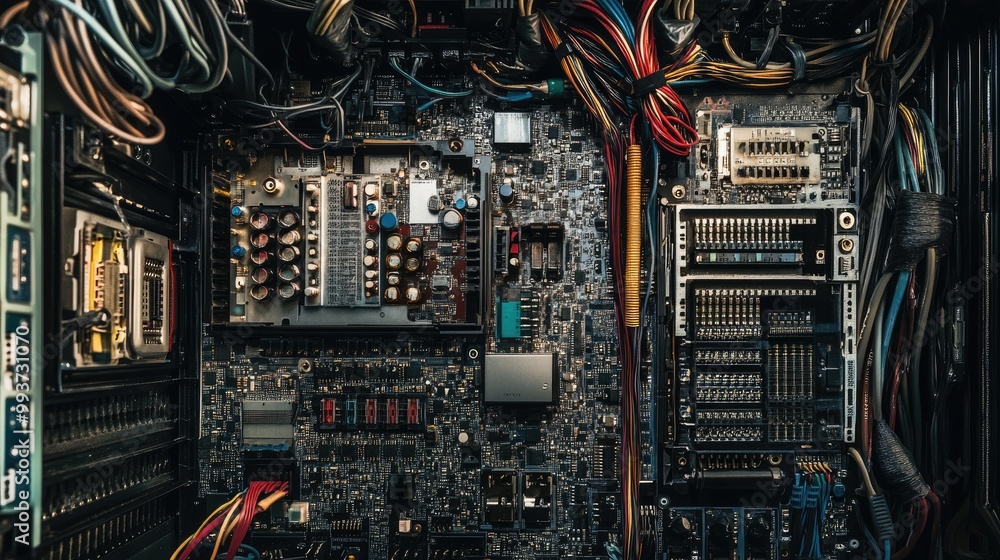 Poster inside view of a computer with exposed hardware, cables, and components, showing the intricate detai