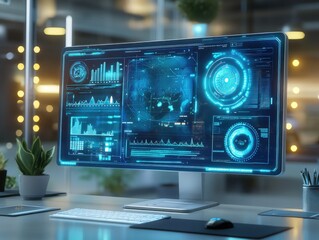 Fototapeta premium Holographic computer screen with interactive 3D elements floating above the desk, advanced tech environment