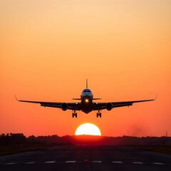 A plane is taking off from the runway at sunset