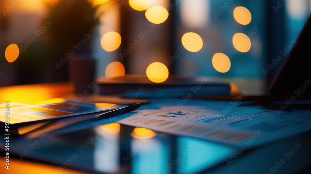 Poster business desk showing financial charts with illuminated bokeh background