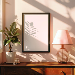 Capture an ultra-high-resolution image with a Phase One XF IQ4 150MP Camera. The frame must be a vertical picture frame mockup placed on a Mid-Century Modern Dresser