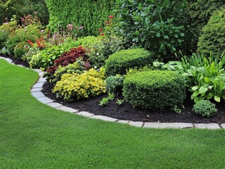 Lush garden bed with a mix of flowering plants and green shrubs, neatly arranged and well-maintained