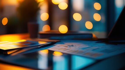 Business desk showing financial charts with illuminated bokeh background