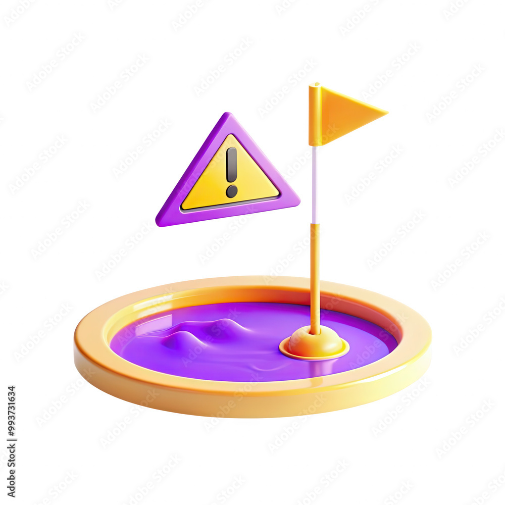 Poster this image features a 3d rendered caution sign and flag over a pool of purple liquid, depicting a wa