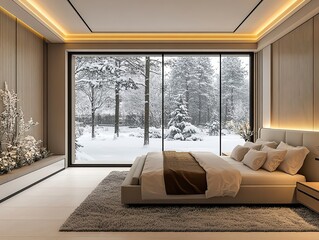 Warm-toned modern bedroom with an open-plan layout and a large window showcasing a winter wonderland outside.