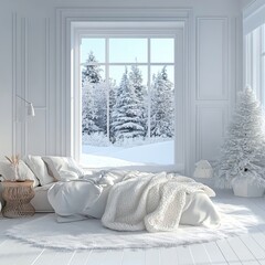 White bedroom with winter landscape in window. Scandinavian interior design. 3D illustration