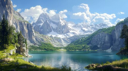 Fototapeta premium A panoramic view of the mountains and lake. Beautiful landscape stunning natural landscape