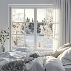 White bedroom with winter landscape in window. Scandinavian interior design. 3D illustration