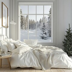 White bedroom with winter landscape in window. Scandinavian interior design. 3D illustration