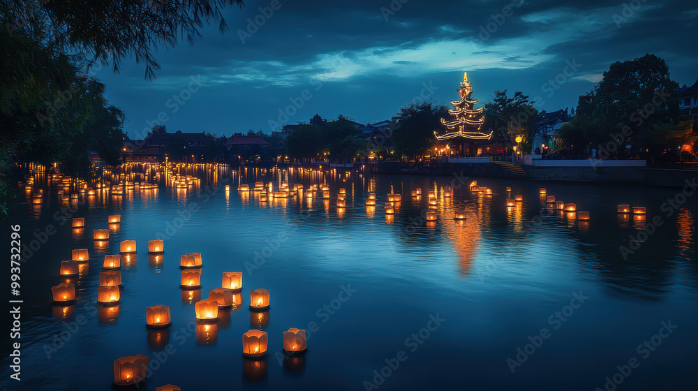 Poster serene evening scene along river, illuminated by floating lanterns that create magical reflection on